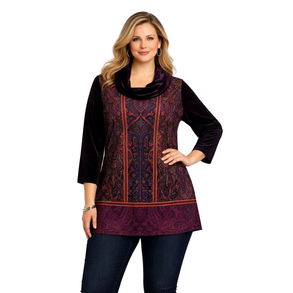 Susan Graver Tunic Top 2X Paisley Long Sleeve Cowl Neck NWOT